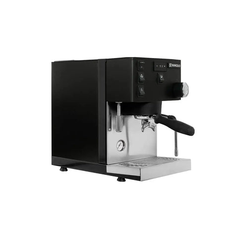 Top Shelf Dual Boiler Espresso Machine With PID Temperature Control Black Finish side view with steam wand and control panel.