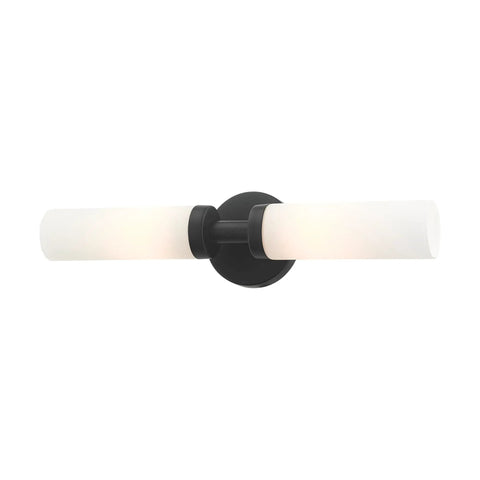 Two Light Slick Black ADA Vanity Light With Satin Opal Glass Cylinders From Aero Collection, Modern Bathroom Wall Sconce
