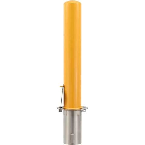 Heavy Duty Removable Round Bollard Featuring Slick Flush Mount Sleeve Base in yellow for driveway and parking lot safety.
