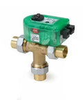 Heavy Duty Three Way Electronic Mixing Valve With Three Quarter Inch Sweat Fittings And Outdoor Reset Control For Hydronic Heating Loops, brass body, green control unit.