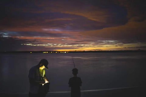 Person using 3-Cell D LED Flashlight With Adjustable Beam QuickClick Modes beside water at sunset