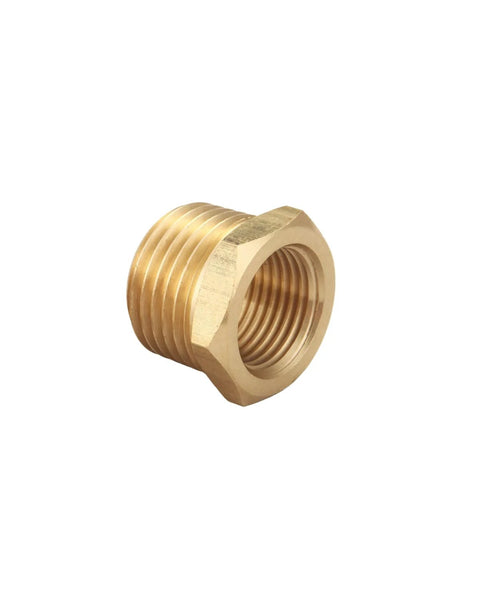 Brass NPT reducer hex bushing, 3/4 in male to 1/2 in female threads, plumbing fitting