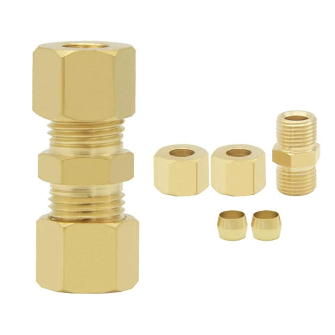 brass compression fittings ice maker connectors for 1/4 inch tubes; solid brass, corrosion-resistant fittings for secure tube joining.