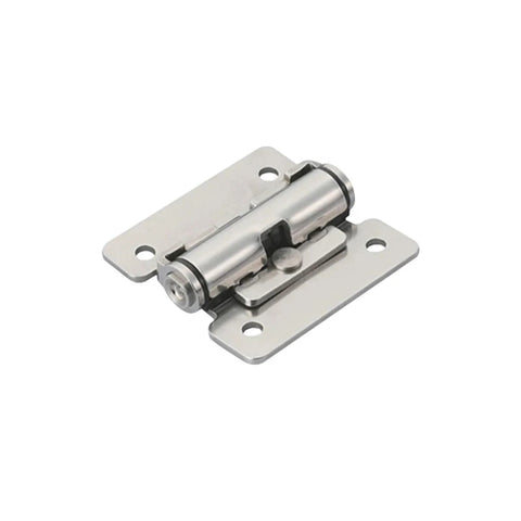 Close-up of a stainless steel concealed cabinet hinge with soft-close mechanism