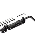 Heavy Duty Spring Loaded Sliding Door Bolt Lock Built Like An Absolute Tank Steel Gate Latch Offering Snappy Automatic Retraction for Sheds Stalls and Barns In Durable Black Finish with screws and installation tool.