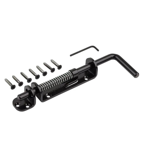 Heavy Duty Spring Loaded Sliding Door Bolt Lock Built Like An Absolute Tank Steel Gate Latch Offering Snappy Automatic Retraction for Sheds Stalls and Barns In Durable Black Finish with screws and installation tool.
