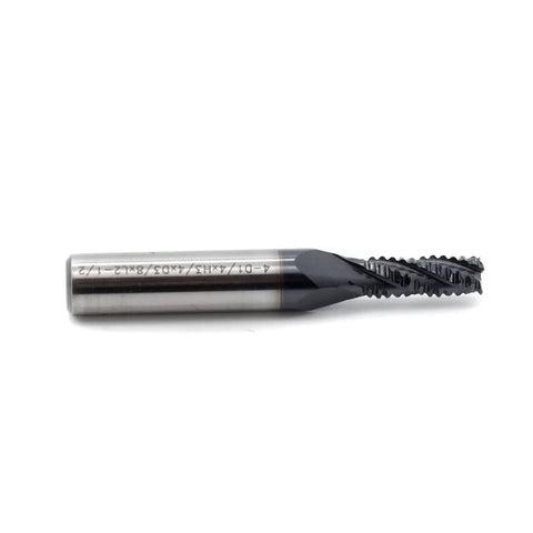 Roughing End Mill HSS Square Nose 4 Flute Fine Tooth Bit Three Eighths Inch Shank One Quarter Inch Cutting Diameter Pro Grade Titanium Coated For Fast Cuts Three Quarters Inch Flute Length Two And A Half Inch Overall Length For Milling Metal Steels.
