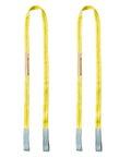 Two yellow polyester lifting straps with gray end sleeves and looped ends, 6.5 ft long, 1 in wide.