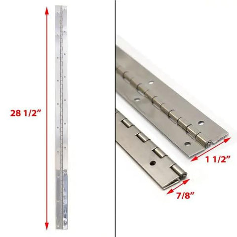 Top Shelf Marine Piano Hinge 28 And Half Inch 16 Gauge Stainless Steel Boat Door Hinge showing 30 mounting holes and dimensions.