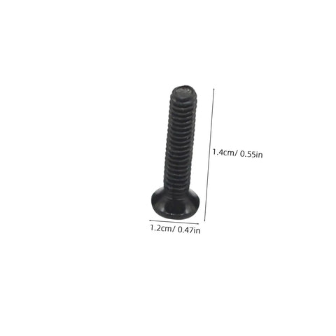 Close-up of a black screw from the 18 Spec Miniature Screw Set Kit With Flat Head Screws In Transparent Case For Glasses And DIY Repairs, Ultra Handy Lightweight Portable Black Screw Assortment For Quick Access And Easy Fixes, shown with dimensions 1.4cm x 1.2cm.