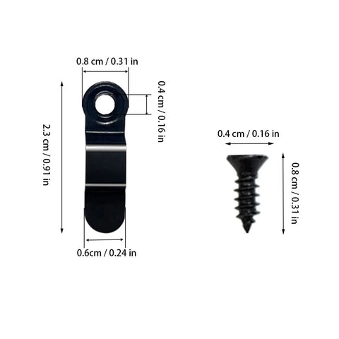 Front view of black metal picture frame turn-button fasteners with screws; 100-piece set for photo frames.