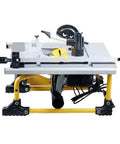Badass 1500W 80 Tooth Table Saw For Rock Solid Woodworking Cuts With Dust-Free Design, side view showing blade and stand.