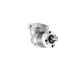 Right Angle Planetary Gear Reducer Compatible With Servo And Stepper Motors, silver metal housing, compact design for industrial automation.