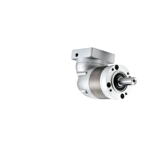 Right Angle Planetary Gear Reducer Compatible With Servo And Stepper Motors, silver metal housing, compact design for industrial automation.