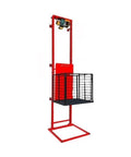Heavy Duty Electric Hydraulic Scissor Lift Table With Portable Flatbed Cart For Smooth Freight Transport And Dependable Shop Floor Performance Built Like A Tank To Shift Heavy Loads Without Breaking A Sweat, featuring red steel frame and wire basket.