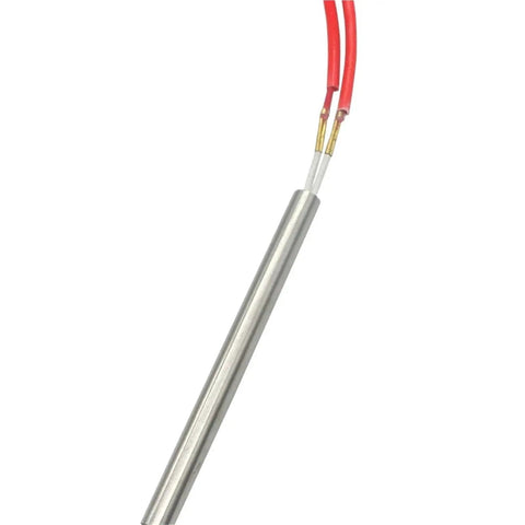 Solid Heavy Duty Cartridge Heater Delivering Real Deal Kickin Heat For Industrial Air Warmers And Pellet Stove Ignition 12Mm X 120Mm Heating Tube, silver metal with red wires.