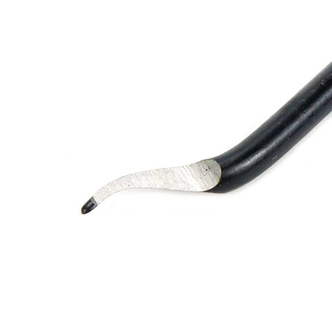 Close-up of a Beefed Up Deburring Blades Set 45 Degree Burr Remover Hand Tool with high speed steel, 42mm shaft, 3mm diameter for precision work.