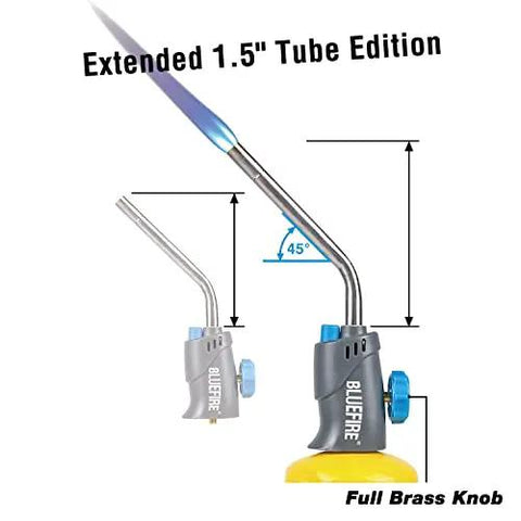 Trigger Start Gas Welding Torch Head For Propane And MAP PRO Fuel, 1.5 Inch Extension Nozzle, visible flame, side view