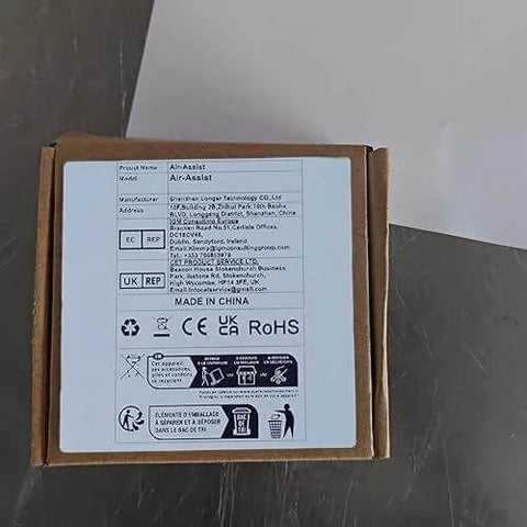 Front view of brown box with white label: Longer Cut Engraver Air-Assist Kit with air pump and upgrade switch button.