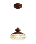 Wood Grain Pendant Light, 3 Color LED Resin Hanging Fixture for Bedroom with textured shade and walnut finish.
