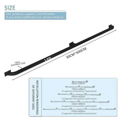 Premium Black Metal Stair Handrail With Heavy Duty Wrought Iron Brackets For Indoor And Outdoor Use dimensions and installation guide.