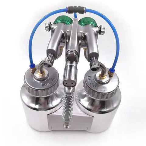 Heavy Duty Double Nozzle Pneumatic Spray Gun With Pressure Feed, featuring dual 1.3mm nozzles and stainless steel tanks.