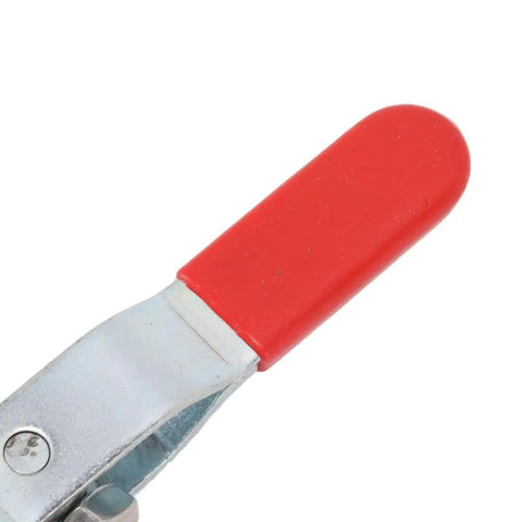 Close-up of red handle on Beefy J Hook Toggle Clamp With Quick Draw Latch Action Rock Solid 375Lb Holding Capacity Straight Pull Lock