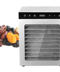 Top Shelf Heavy Duty Electric Food Dehydrator Rock Solid Stainless Steel Build with dried fruits on side.