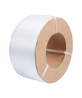 Top Tier Half Inch Polypropylene Strapping 9900 Ft Roll White Machine Grade Packing Band for warehouse securing visible on a roll.
