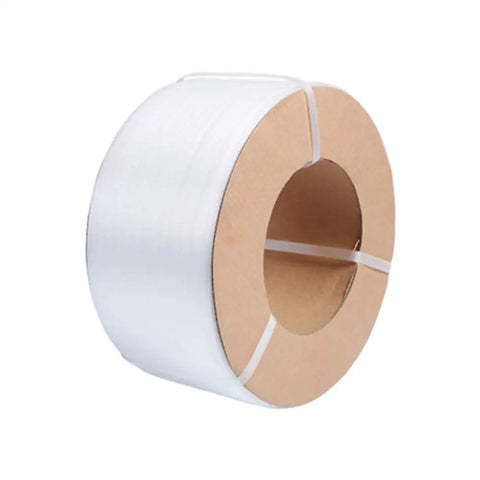 Top Tier Half Inch Polypropylene Strapping 9900 Ft Roll White Machine Grade Packing Band for warehouse securing visible on a roll.