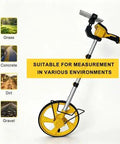 Solid Setup Smart Measuring Wheel With Bluetooth App Mapping And Backlit LCD Screen For No Stress High Precision Survey Work And Snazzy CAD File Export Options displayed with icons for various terrains.
