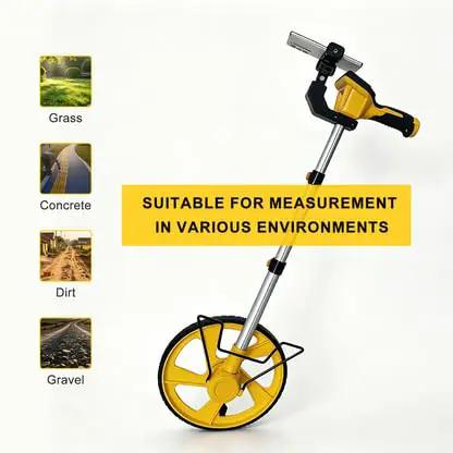 Solid Setup Smart Measuring Wheel With Bluetooth App Mapping And Backlit LCD Screen For No Stress High Precision Survey Work And Snazzy CAD File Export Options displayed with icons for various terrains.
