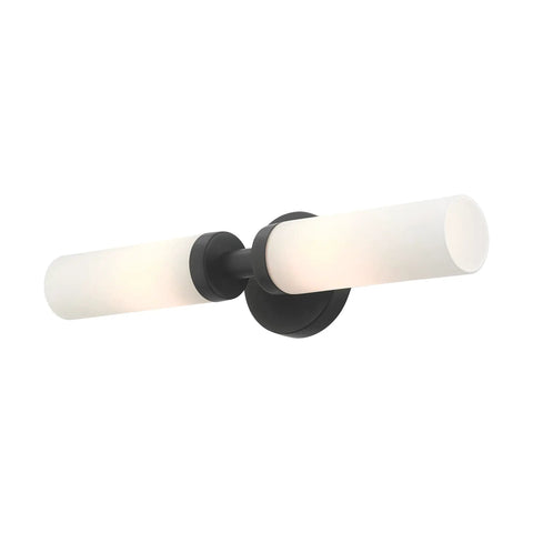 Two Light Slick Black ADA Vanity Light With Satin Opal Glass Cylinders From Aero Collection, wall mount view