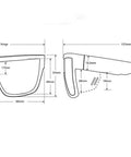 ANSI Z87+ Safety Sunglasses Packing Polarized Lenses, dimensions drawing showing design for impact resistance and UV protection.