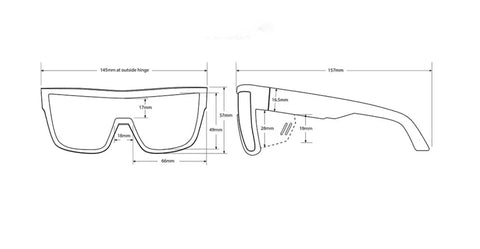 ANSI Z87+ Safety Sunglasses Packing Polarized Lenses, dimensions drawing showing design for impact resistance and UV protection.