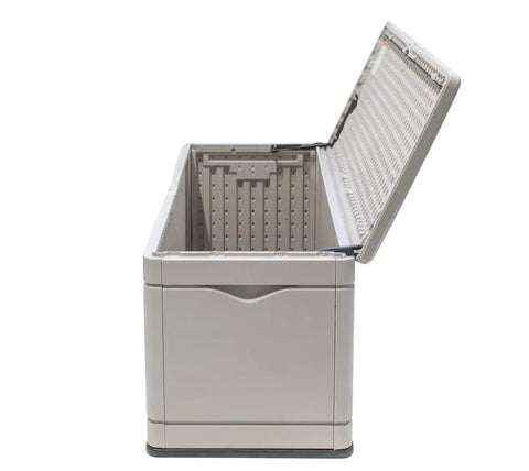130 Gallon Desert Sand Deck Box With Weatherproof HDPE Construction, Powder-Coated Steel Hinges, Open Lid Exposing Interior Storage Space