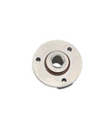 Hollow metal disc with 360-degree rotating torque hinge; silver mounting flange with central bore and three mounting holes