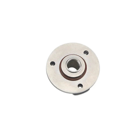 Hollow metal disc with 360-degree rotating torque hinge; silver mounting flange with central bore and three mounting holes