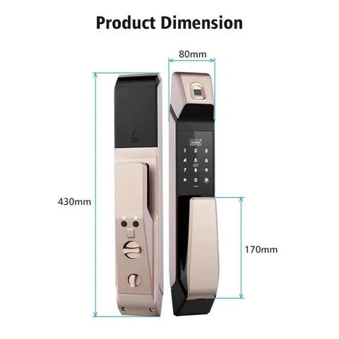 Product dimensions of Super Secure Keyless Smart Door Lock With Touchscreen Fingerprint Entry and Electronic Password Backup.