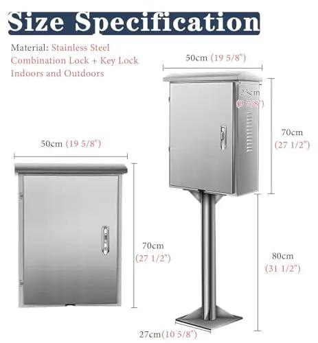 Tough As Nails Waterproof EV Charger Box Cover With Lockable Electric Vehicle Charging Station Enclosure, size specifications and stainless steel design.