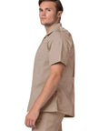Top Tier Mens Scrub Jacket With Zip Front And Legit Pen Pocket Hella Comfy Khaki Healthcare Top For Nurses And Doctors Smooth All Day Care Vibe Straight Fire Clinical Uniform For Everyday Pros, side view of khaki scrub jacket.