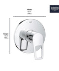 Bauloop Pressure Balance Valve Trim With Cartridge In Starlight Chrome shown with dimensions and concealed mounting features.