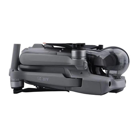 Side view of DJI Mavic Air 2S with gimbal lens protector cover guard for drone camera, dust proof shield, transparent, lightweight fit.