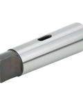 Metal taper reducing drill sleeve MT5 to MT2, silver finish, side view showing square end and side hole