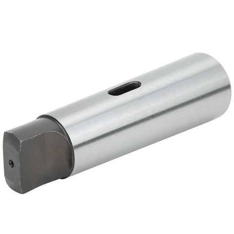 Metal taper reducing drill sleeve MT5 to MT2, silver finish, side view showing square end and side hole