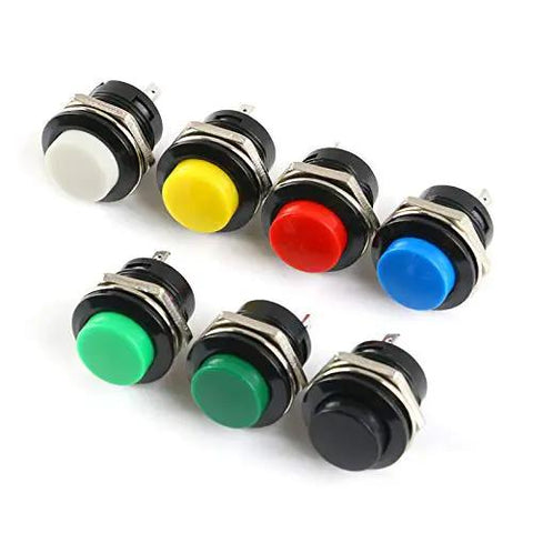Seven 16mm momentary push button switches in red, green, yellow, white, black, blue, blackish green for arcade cabinets.