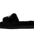 Women's Buttery Soft Faux Fur Slide Slippers Featuring Open Toe Fuzzy House Shoes With Sparkly Rhinestone Script Detail Dark Leopard Print For Total Homebody Chill Vibes Small Fit side view of black faux fur slipper with rhinestone detail.