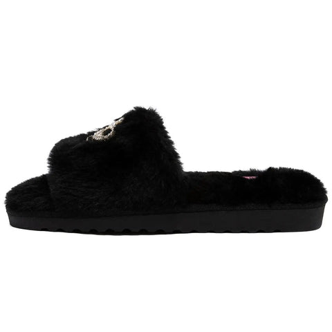 Women's Buttery Soft Faux Fur Slide Slippers Featuring Open Toe Fuzzy House Shoes With Sparkly Rhinestone Script Detail Dark Leopard Print For Total Homebody Chill Vibes Small Fit side view of black faux fur slipper with rhinestone detail.