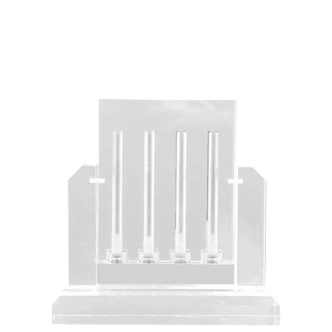 Transparent Acrylic Car Oil Quality Comparator Stand Four Hole Design For Quick Visual Oil Color And Level Check In Workshops Garages And Performance Tuning, clear 4-hole acrylic stand front view
