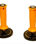 Heavy Duty Sheet Metal Magnets Twin Pack MCB82 for welding, each holds 100 lbs, shown in upright position with orange handles.